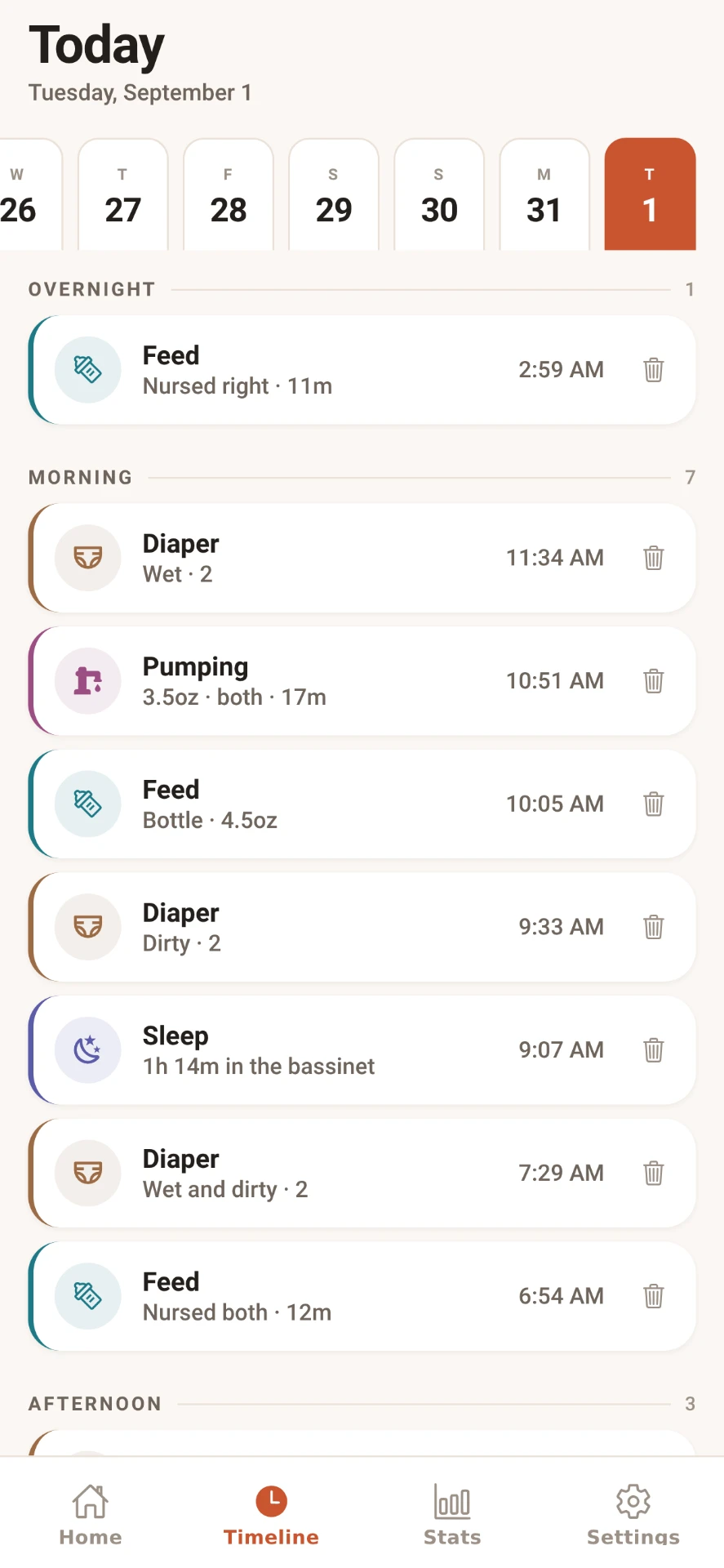 LittleLog timeline for Tuesday, September 1, listing feeds, diapers, pumping and sleep with times.