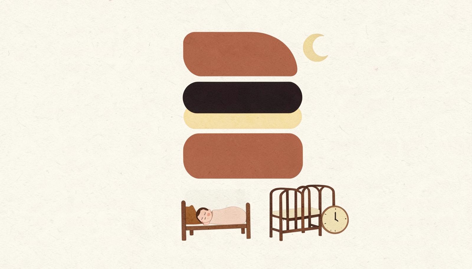 Illustration of a stack of rounded day blocks beside a crib, a clock and a crescent moon, suggesting a baby's daily routine.