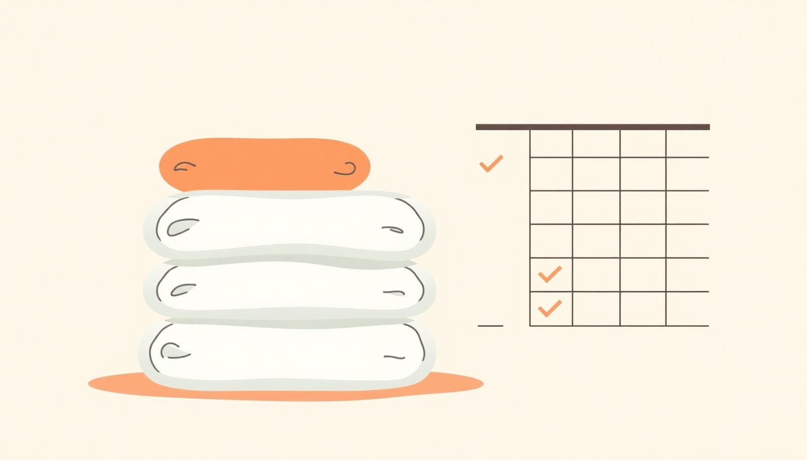 Illustration of a folded stack of diapers beside a simple tracking chart with checkmarks.