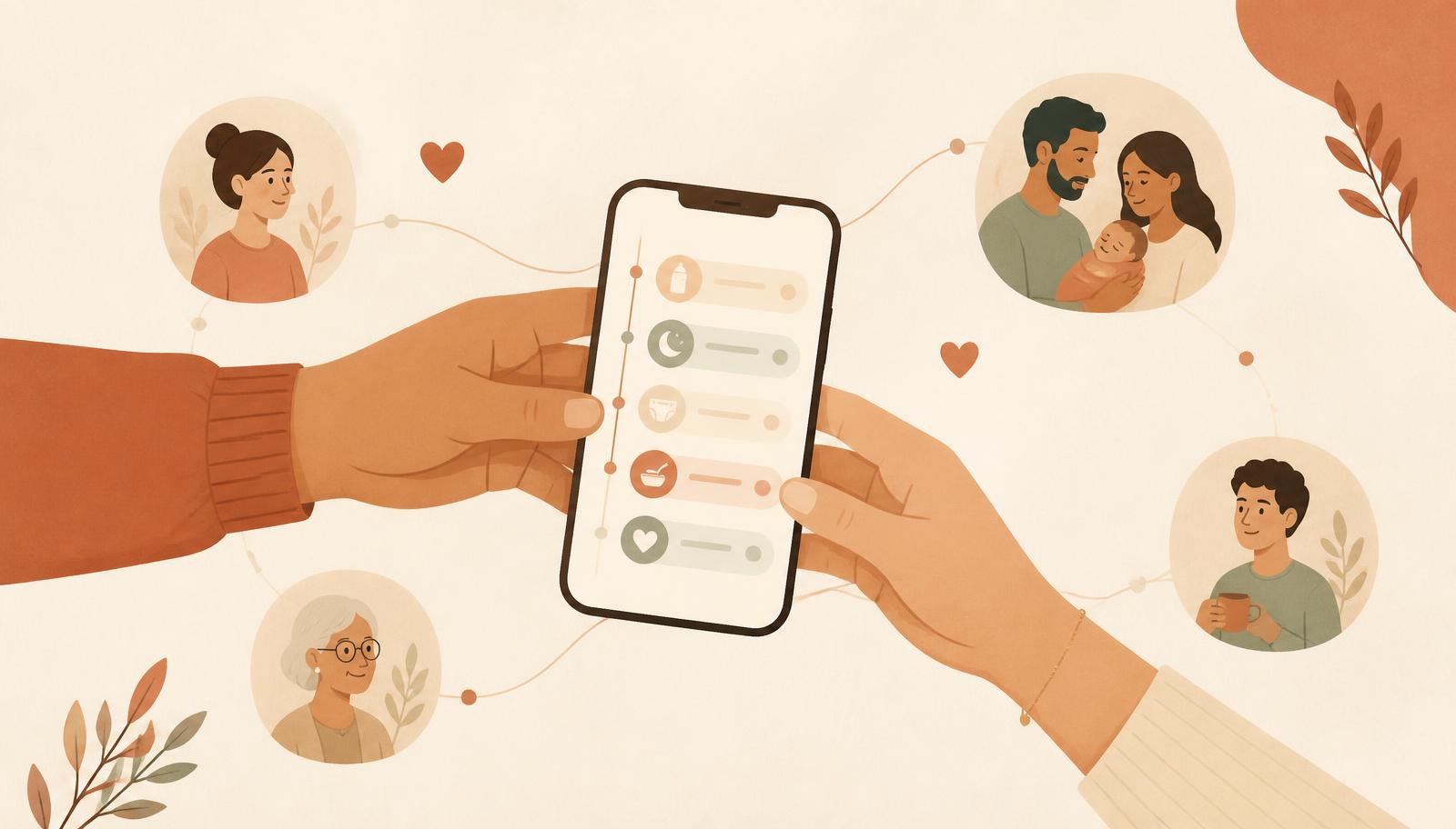 Illustration of two hands holding a phone showing a baby log timeline, surrounded by portraits of family members and caregivers.