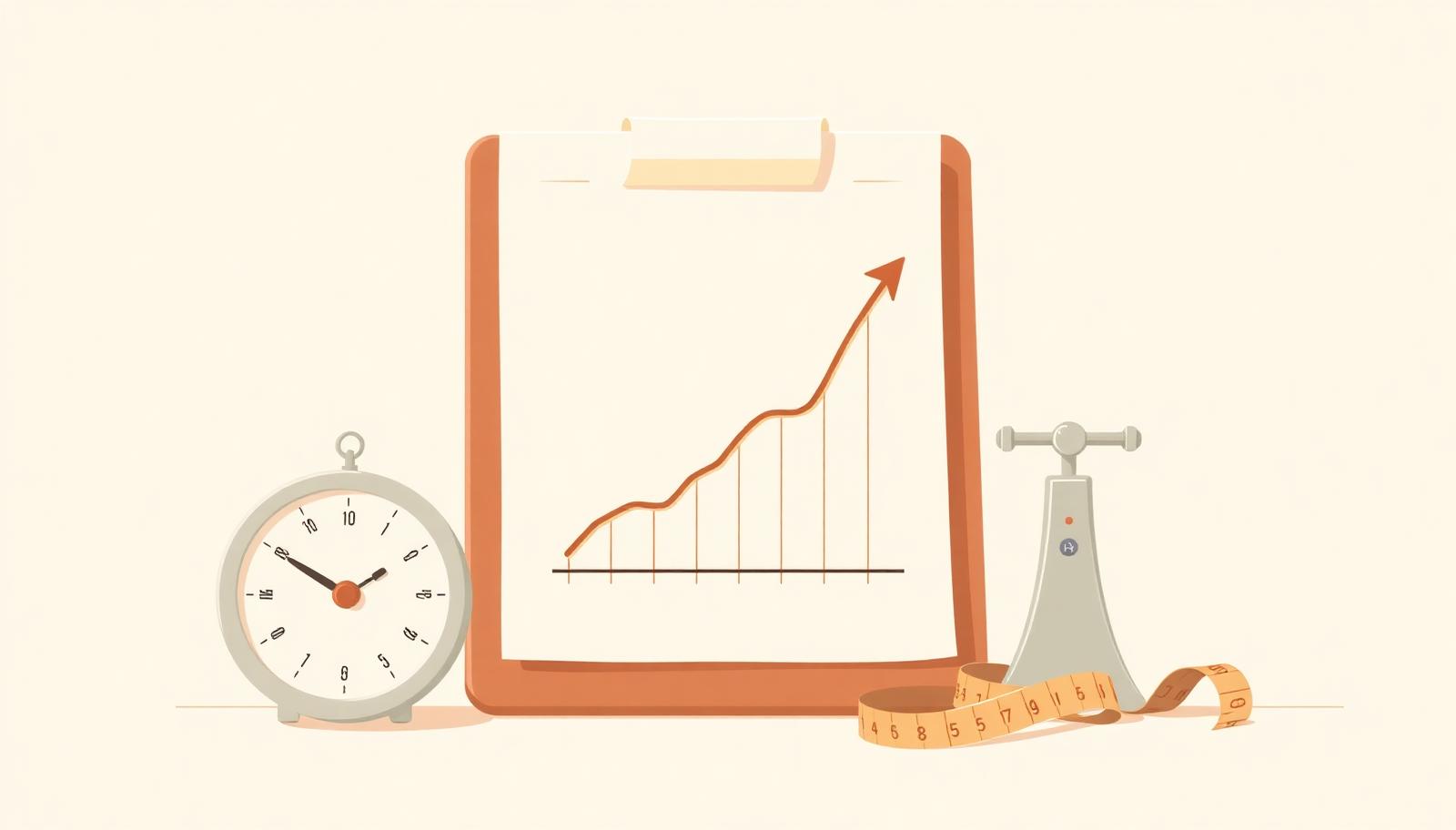 Illustration of a clipboard showing a rising growth curve next to a baby scale and a measuring tape.