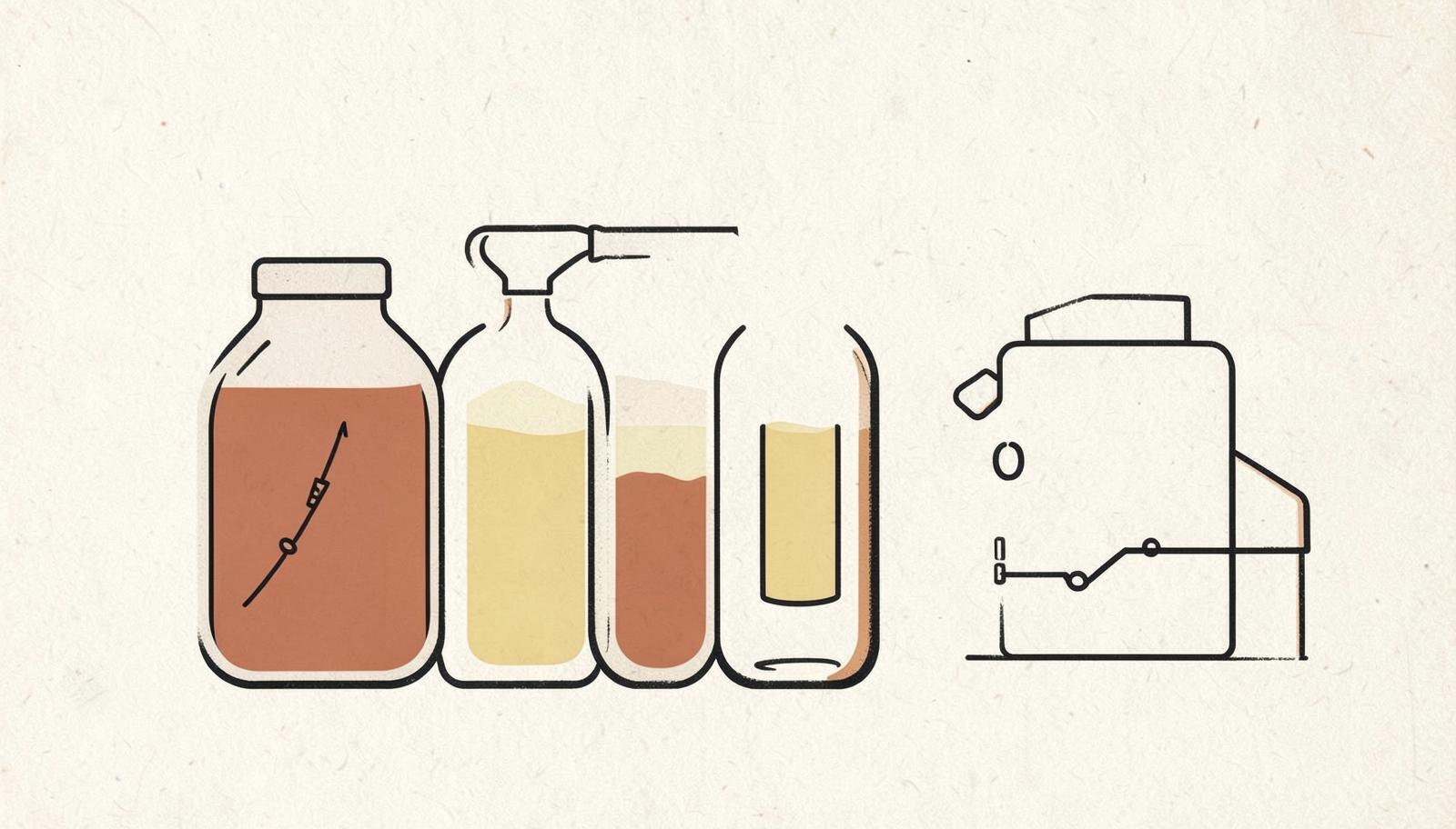 Illustration of labelled bottles of expressed breast milk at different fill levels beside a breast pump.