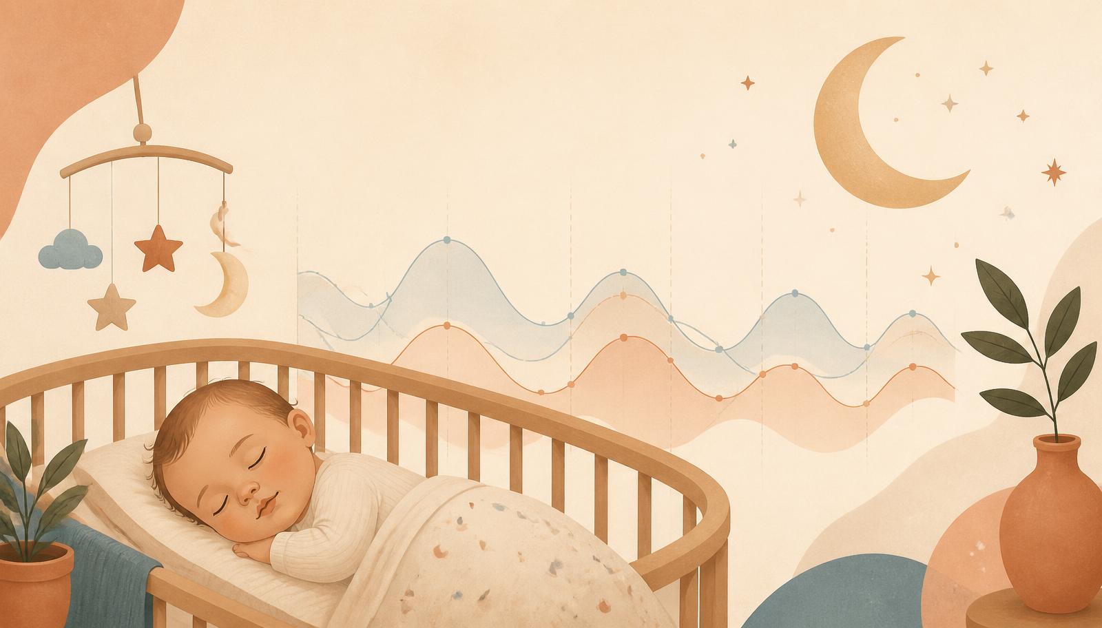 Illustration of a baby sleeping peacefully in a crib beneath a crescent moon, with a soft sleep rhythm chart in the background.